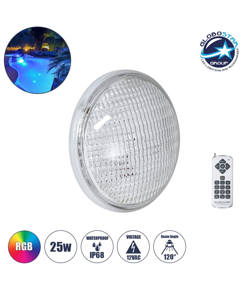 GloboStar® POOLANO 61537 Λάμπα LED Σποτ Πισίνας GX16D PAR56 25W 1750lm 120° AC 12V Αδιάβροχο IP68 IK06 Tempered Glass Φ18 x Υ10cm RGB με Ασύρματο Χειριστήριο RF 2.4Ghz Εμβέλειας 60 Μέτρων - Bridgelux Chip - 3 Years Warranty